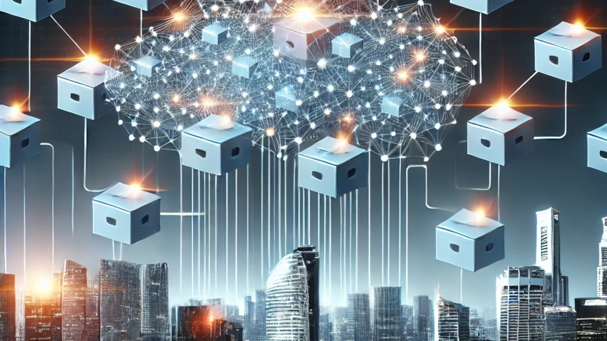 DALL·E 2025-03-28 00.12.34 - A futuristic, high-tech digital ecosystem representing microservices architecture. The image should showcase interconnected, glowing data nodes formin