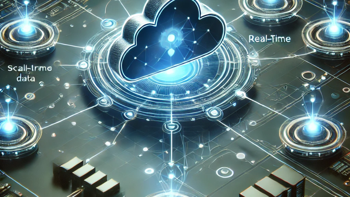 DALL·E 2025-03-28 00.08.26 - A futuristic digital cloud infrastructure with interconnected microservices represented as glowing nodes connected by thin data streams. A central hub